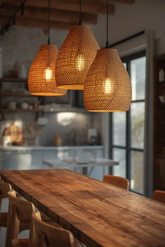 20 Summer House Interior Ideas That Are Bright, Breezy & Beautifully Relaxed 7 summer house kitchen, featuring three woven rattan pendant lights
