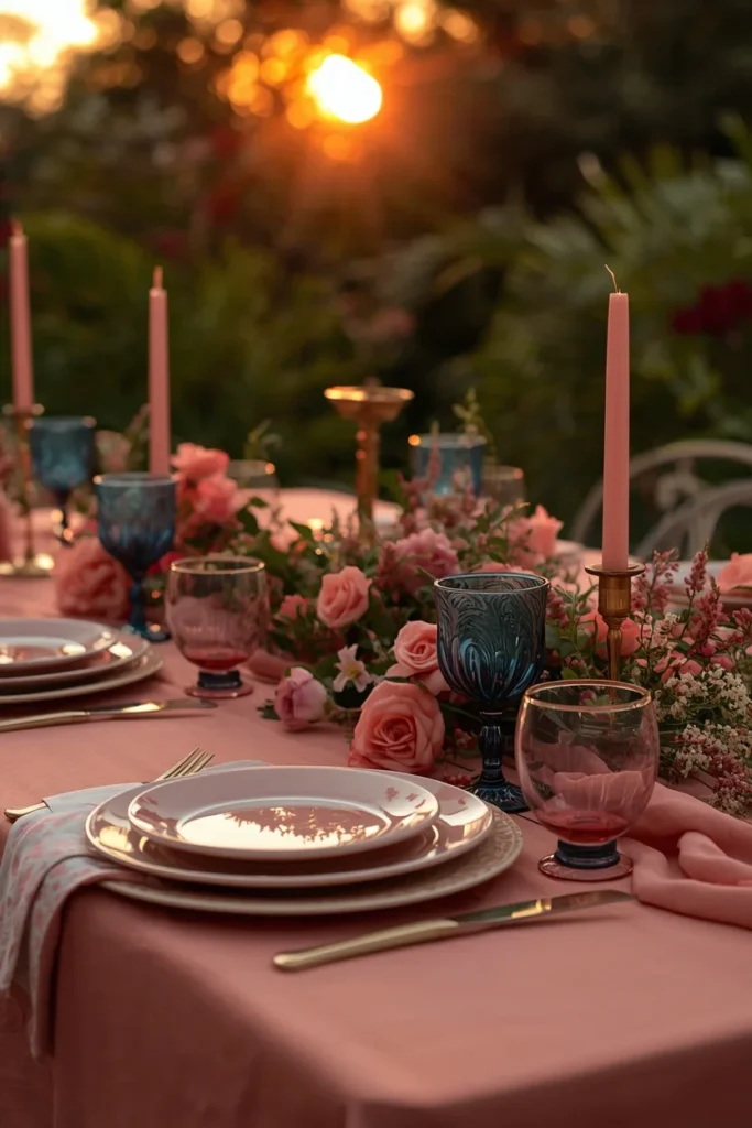 24 Summer Tablescape Ideas That Are Fresh, Colorful & Totally Stunning 7 outdoor evening table featuring soft coral linens