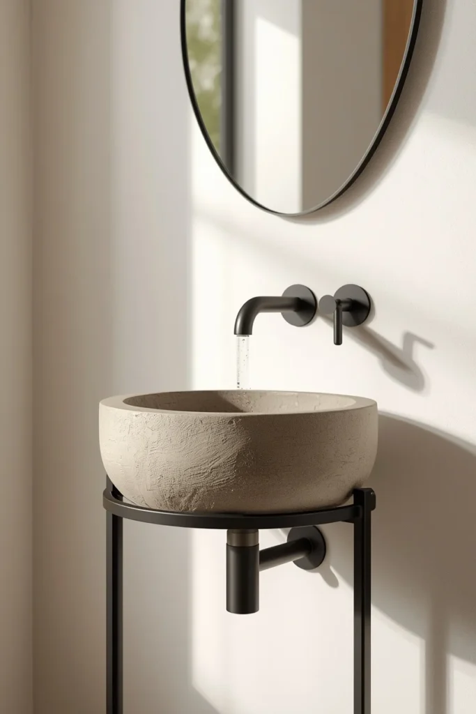 24 Tiny Powder Room Ideas That Make the Biggest Impression 7 small powder room, featuring a sculptural honed concrete vessel sink
