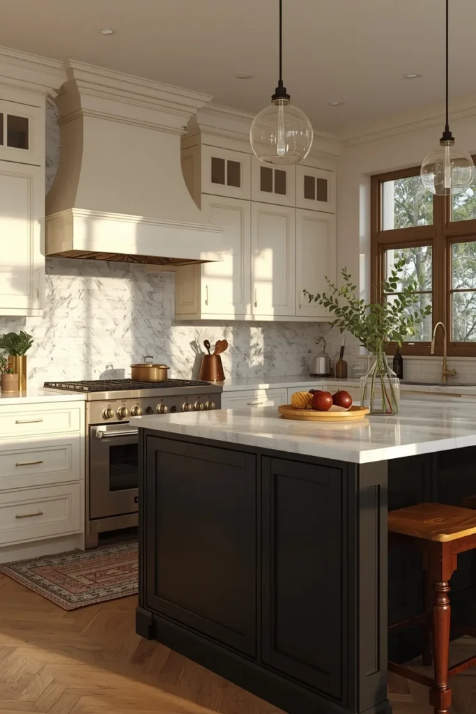 23 Two-Tone Kitchen Cabinet Combos That Look Insanely Expensive 7 kitchen, featuring soft cream perimeter cabinets and a matte black kitchen island,