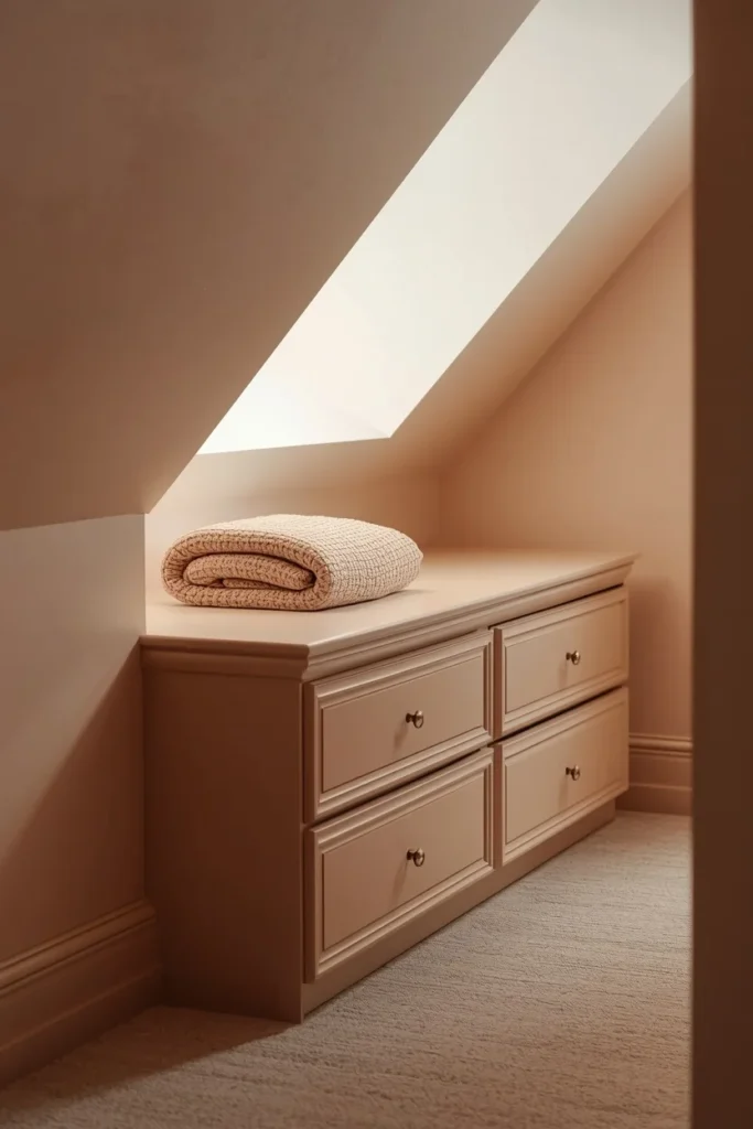 19 Attic Bedroom Ideas That Turn Forgotten Space Into a Dreamy Hideaway 8 attic bedroom detail shot, featuring built-in drawers