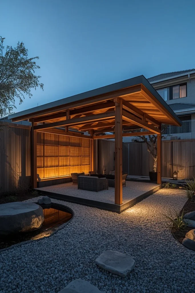 18 Backyard Gazebo Ideas That Create the Most Beautiful Outdoor Escape 8 backyard, featuring a Japanese garden-inspired wood pavilion