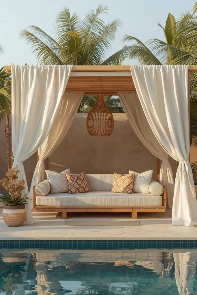17 Backyard Pool House Ideas That Are Stylish, Functional & Totally Dreamy 8 tropical pool cabana, featuring flowing white linen curtains