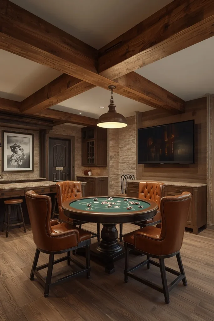 24 Basement Ideas That Transform the Most Overlooked Space Into Your Favorite Room 10 basement game room zone, featuring a reclaimed wood box beam overhead