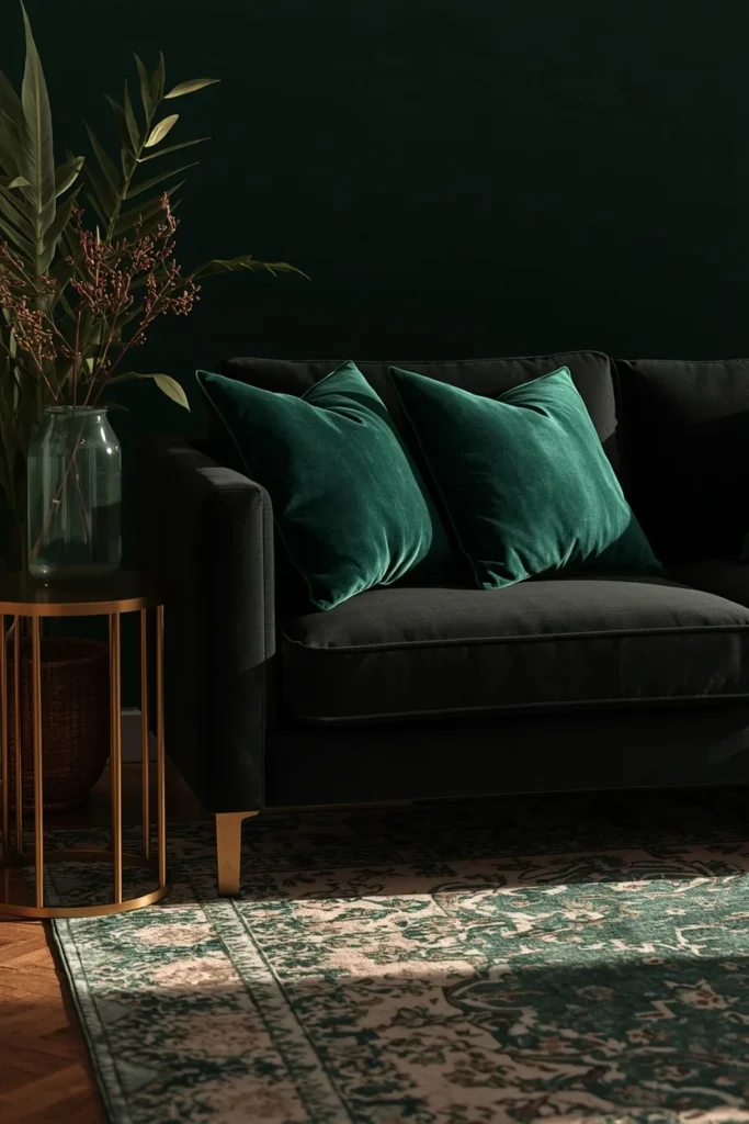 23 Black Sofa Living Room Ideas That Look Sleek, Bold & Super Expensive 8 living room, featuring a black sofa with emerald green velvet cushions