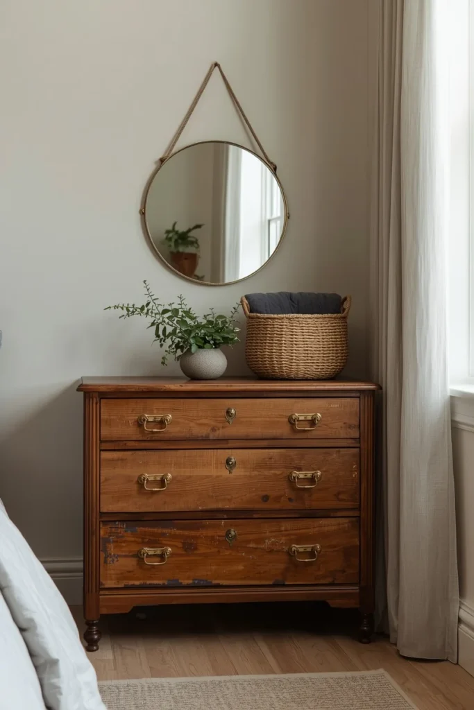 25 Boho Farmhouse Bedroom Ideas That Are Effortlessly Cozy & Beautiful 8 bedroom corner shot, featuring a vintage wood dresser
