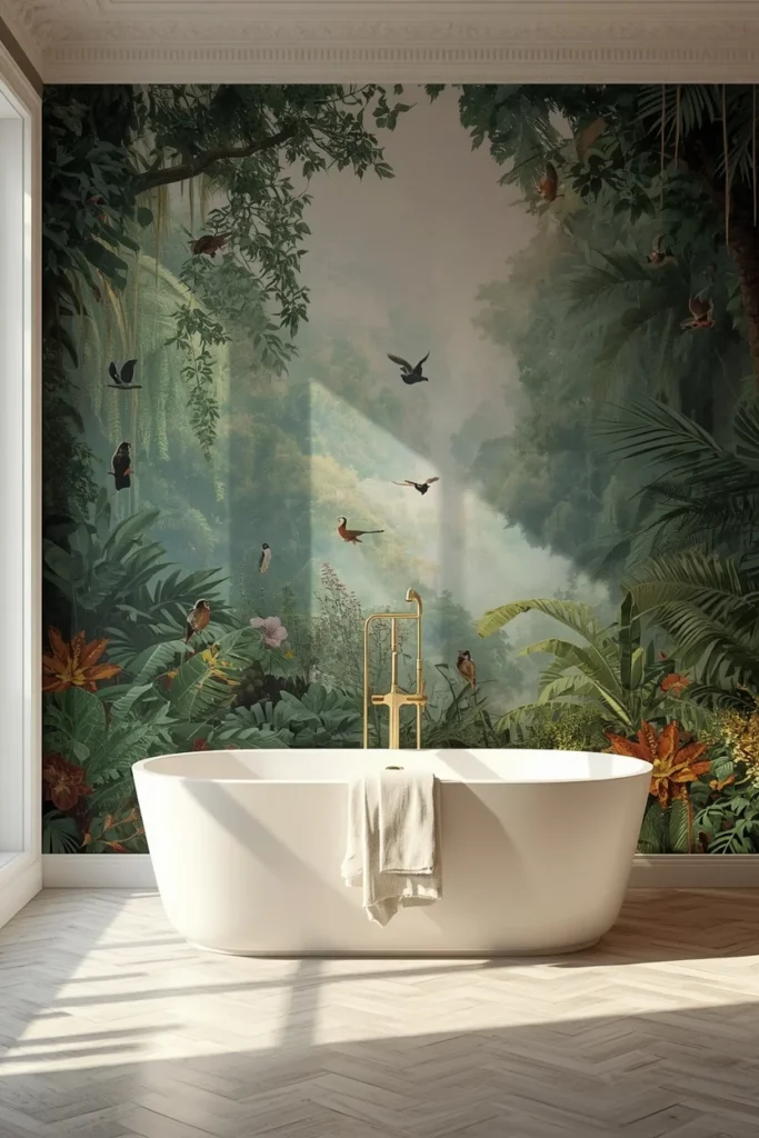 22 Bold Bathroom Wallpaper Ideas That Make Every Guest Say Wow 8 bathroom with soaking tub, featuring a full scenic jungle mural wallpaper