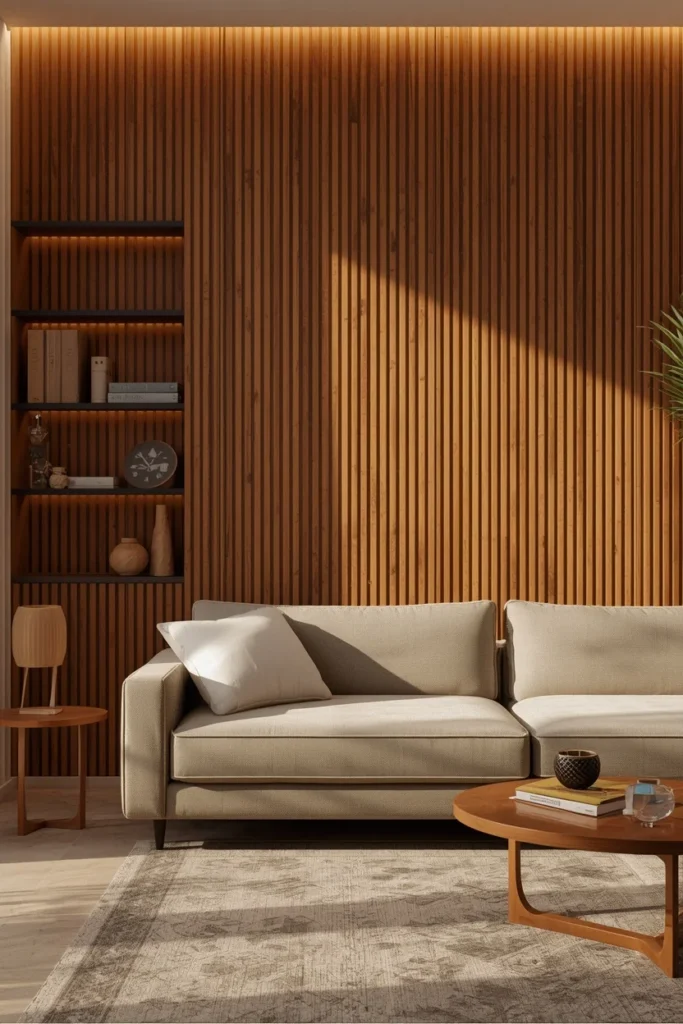 24 Family Room Ideas That Are Stylish Enough for Adults, Fun for Kids 8 family room, featuring a wall covered in warm wood acoustic slat panels