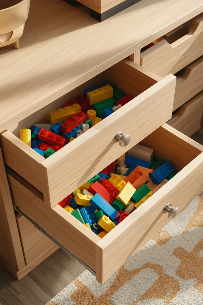 22 Genius Playroom Ideas That Kids Will Love & Parents Will Actually Appreciate 8 children's playroom, featuring a neutral wood drawer unit