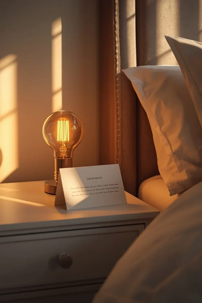 17 Guest Bedroom Ideas That Will Make Every Visitor Never Want to Leave 8 guest bedroom nightstand, featuring a warm amber-glowing smart bulb lamp