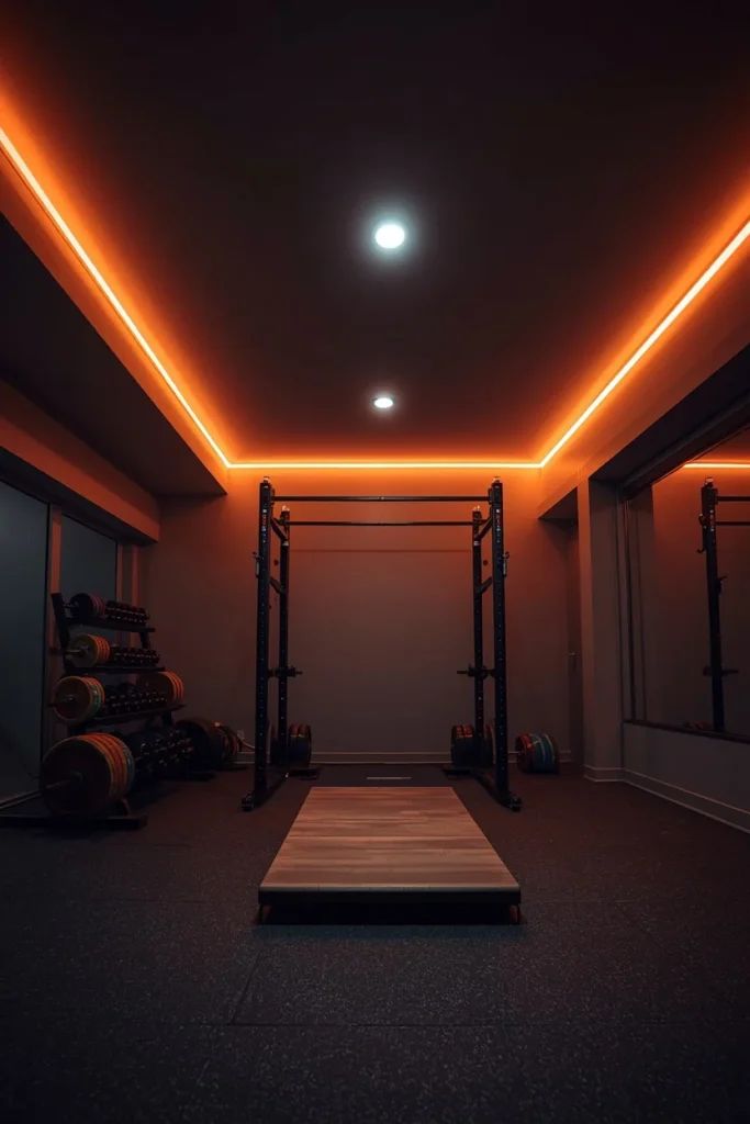 18 Home Gym Ideas That Make Working Out at Home Feel Seriously Motivating 8 home gym, featuring warm LED light strips