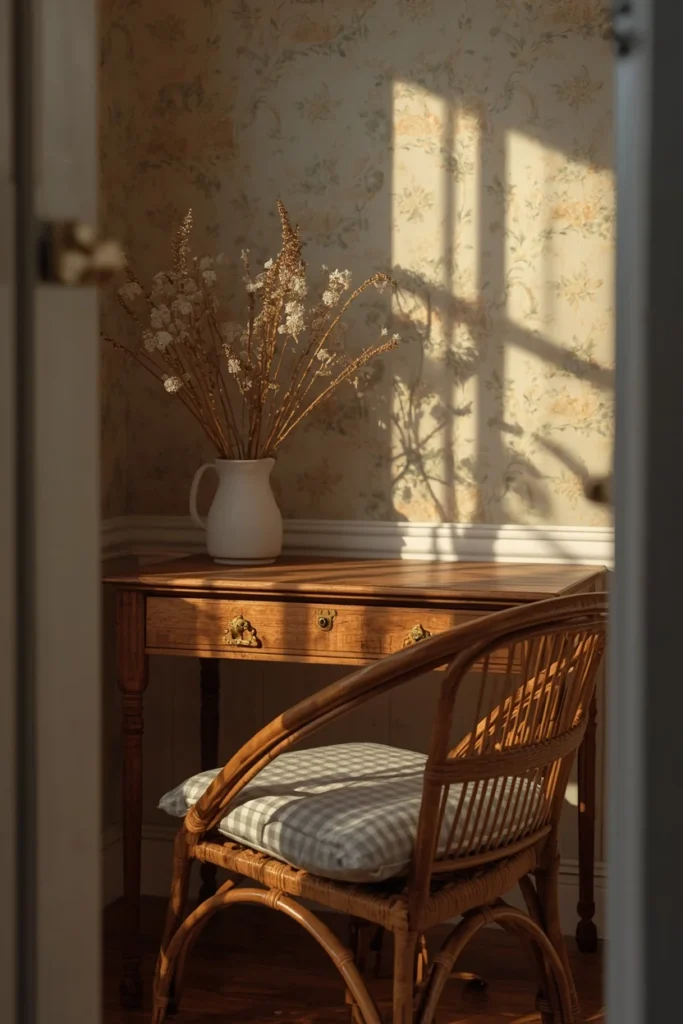 21 Home Office Aesthetic Ideas That Make Working From Home Actually Enjoyable 8 cottagecore home office nook, featuring a small vintage wood desk