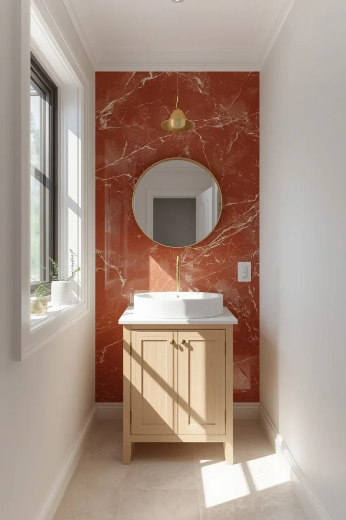 17 Red Marble Bathroom Ideas That Scream Luxury From Every Angle 8 small bathroom, featuring one accent wall of red marble