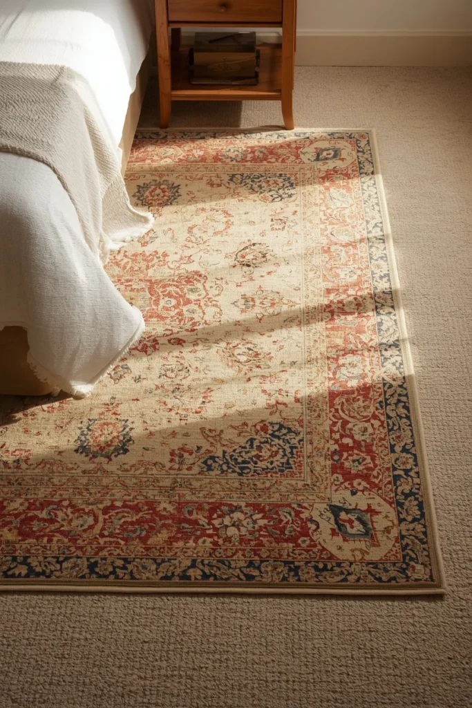 19 Renter-Friendly Bedroom Ideas That Feel Like a Real Home, Not a Rental 8 Statement Rug Over Ugly Flooring