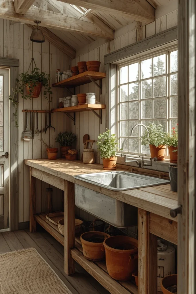 25 She Shed Interior Ideas That Create the Ultimate Personal Retreat 8 she shed potting bench, featuring reclaimed wood workbench