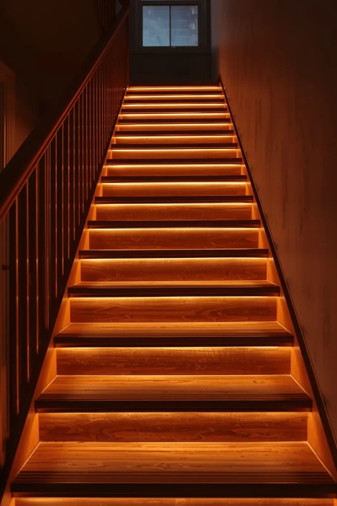 18 Staircase Ideas That Turn a Functional Feature Into a Stunning Design Statement 8 staircase at night, featuring warm LED light strips glowing beneath each tread