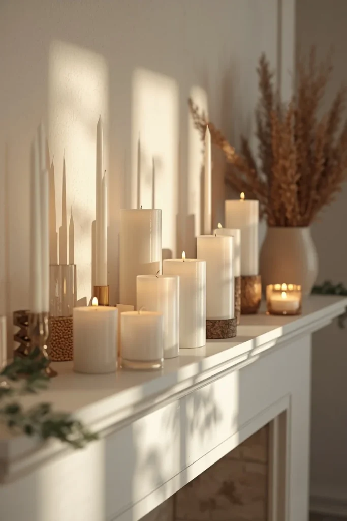 20 Summer Mantel Ideas That Bring Breezy Seasonal Charm Into Your Home 8 fireplace mantel, featuring a clustered grouping of white pillar candles