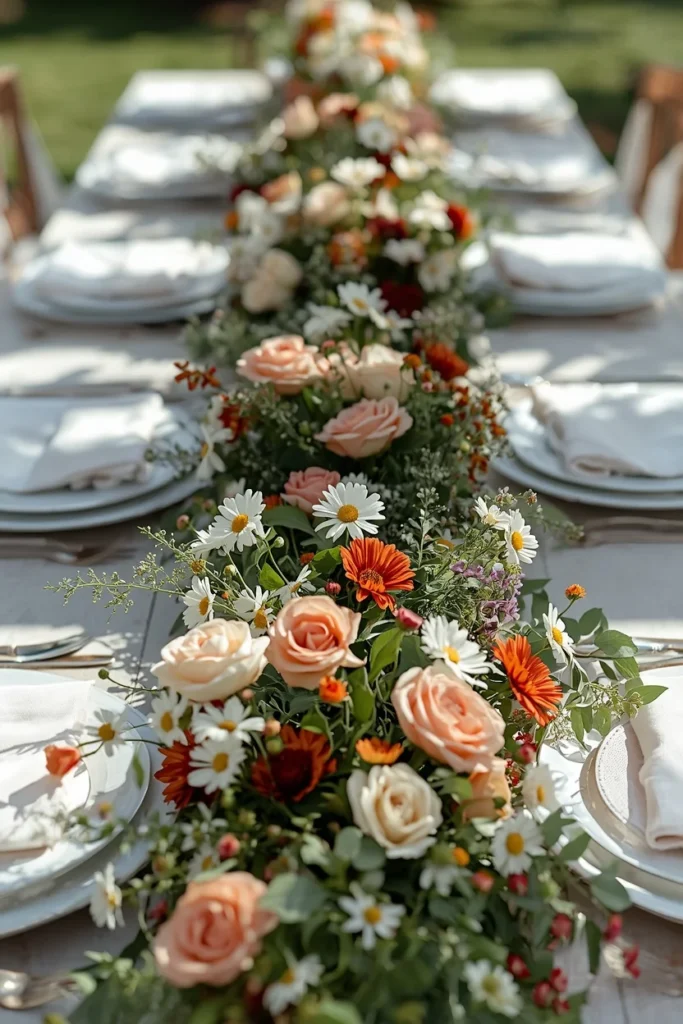 24 Summer Tablescape Ideas That Are Fresh, Colorful & Totally Stunning 8 long table runner featuring a loose meadow-style arrangement of garden roses