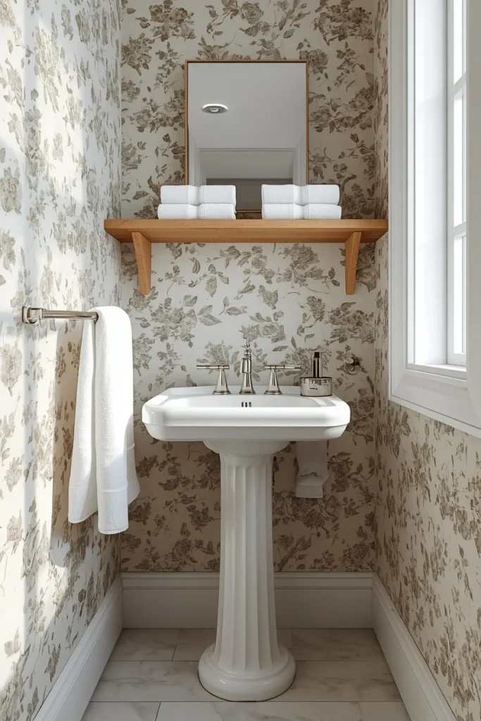 24 Tiny Powder Room Ideas That Make the Biggest Impression 8 tiny powder room, featuring a white fluted pedestal sink,