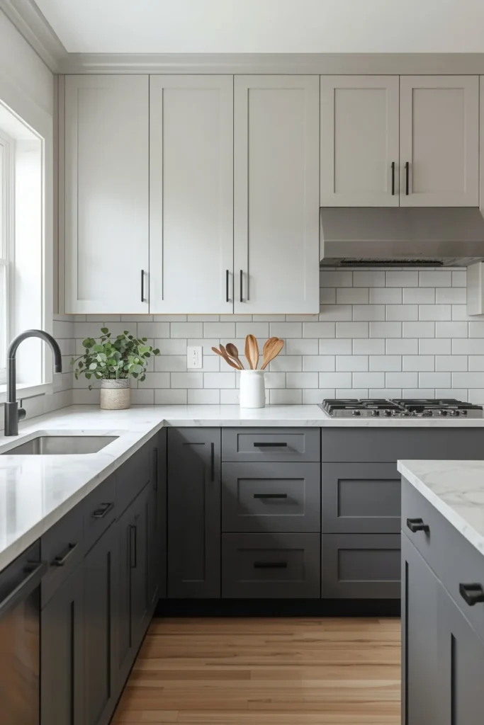23 Two-Tone Kitchen Cabinet Combos That Look Insanely Expensive 8 kitchen, featuring soft gray upper cabinets and charcoal gray lower cabinets,