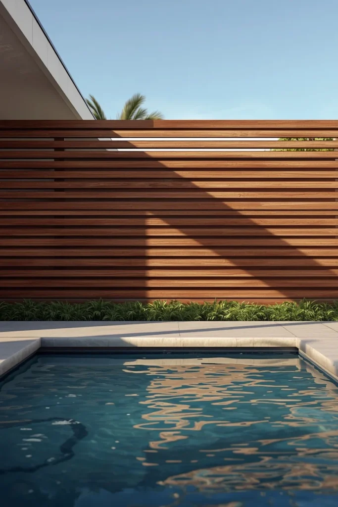 17 Wood Privacy Fence Ideas That Are Beautiful, Functional & Totally Chic 8 modern poolside backyard exterior, featuring a louvered wood fence