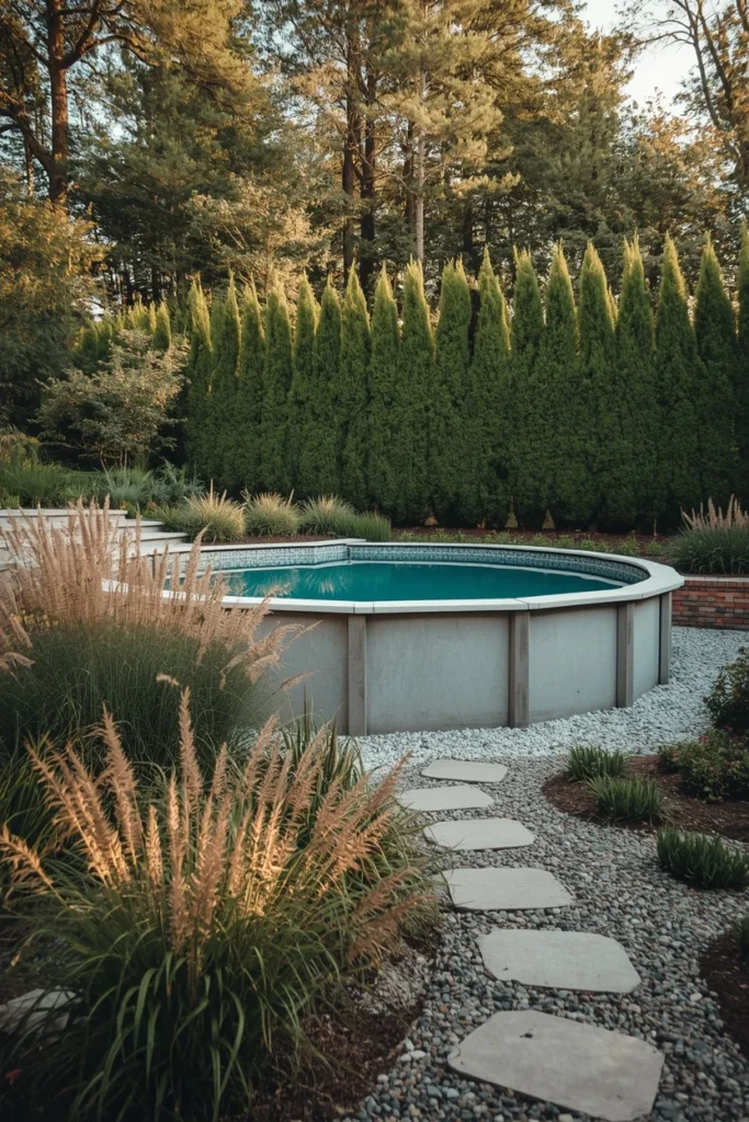 16 Above Ground Pool Ideas That Look Just as Gorgeous as In-Ground Ones 9 Above ground pool surrounded by layered landscaping