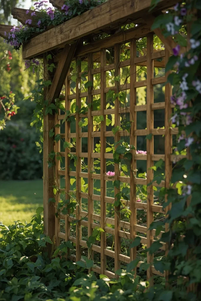18 Backyard Gazebo Ideas That Create the Most Beautiful Outdoor Escape 9 a wood lattice gazebo partially covered in climbing clematis