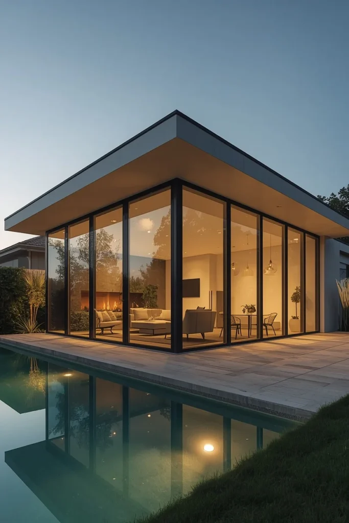 17 Backyard Pool House Ideas That Are Stylish, Functional & Totally Dreamy 9 pool house with glass walls