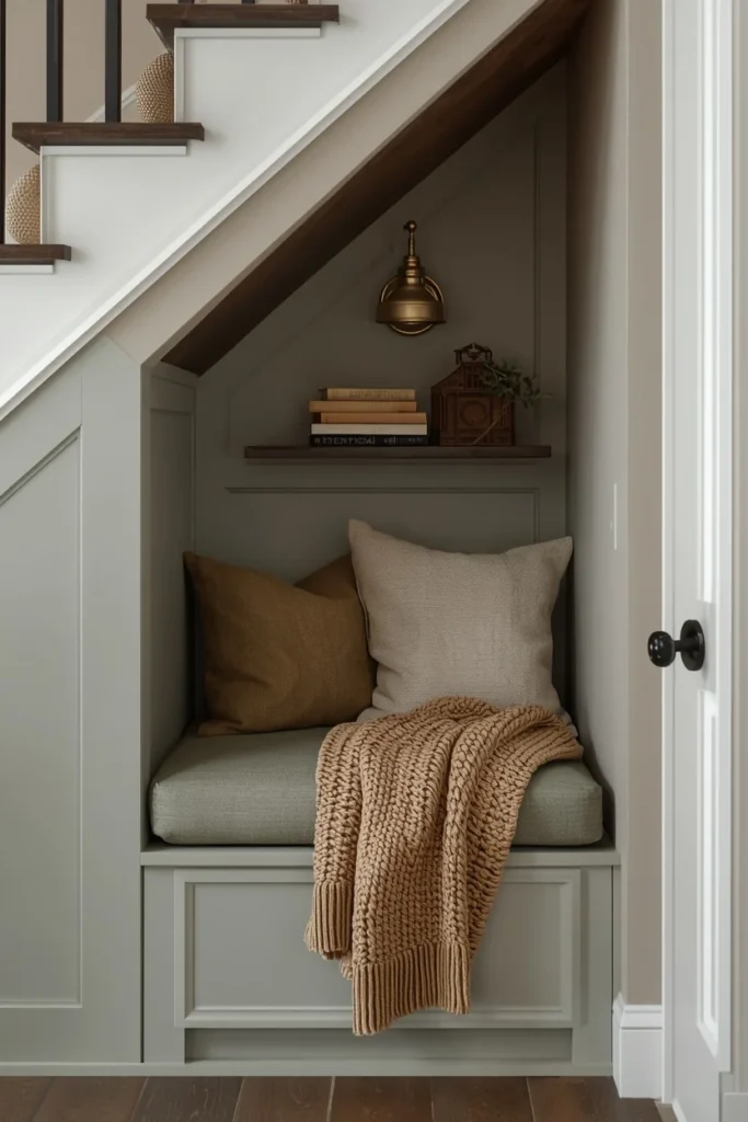 24 Basement Ideas That Transform the Most Overlooked Space Into Your Favorite Room 11 under-stair reading nook in a basement