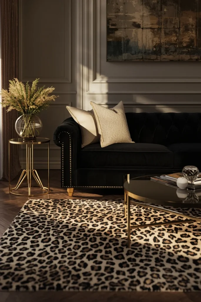 23 Black Sofa Living Room Ideas That Look Sleek, Bold & Super Expensive 9 living room, featuring a black tufted sofa, leopard print area rug,