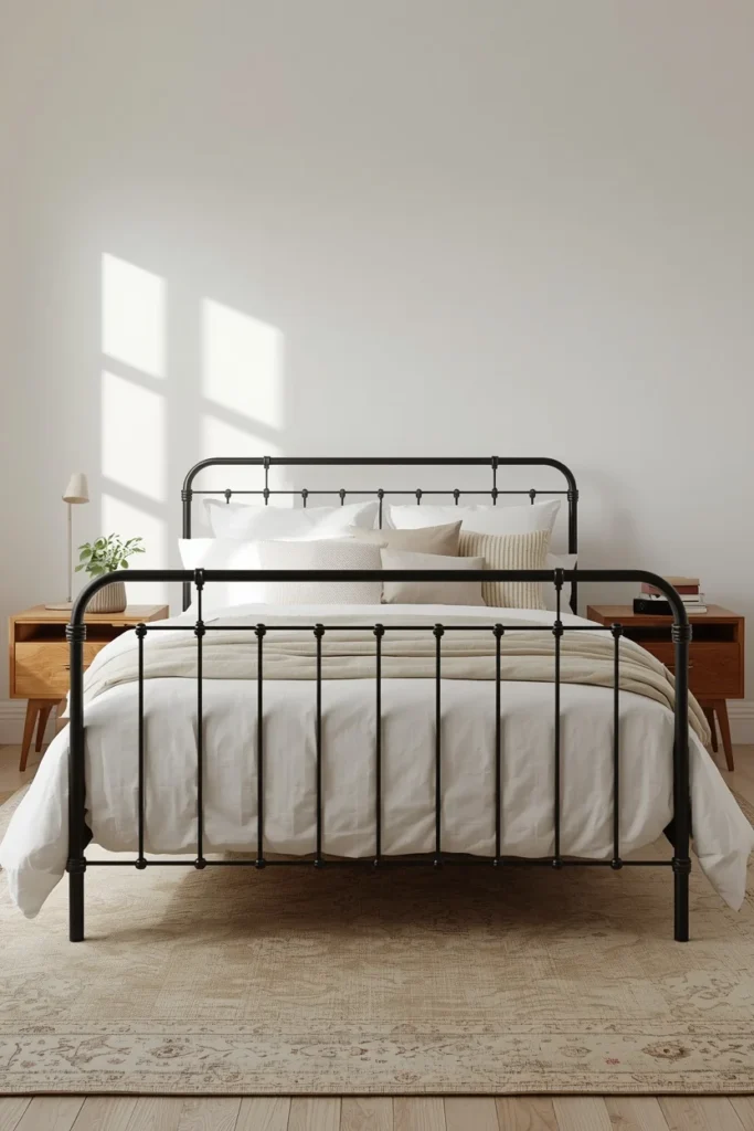25 Boho Farmhouse Bedroom Ideas That Are Effortlessly Cozy & Beautiful 9 bedroom shot, featuring a black iron bed frame