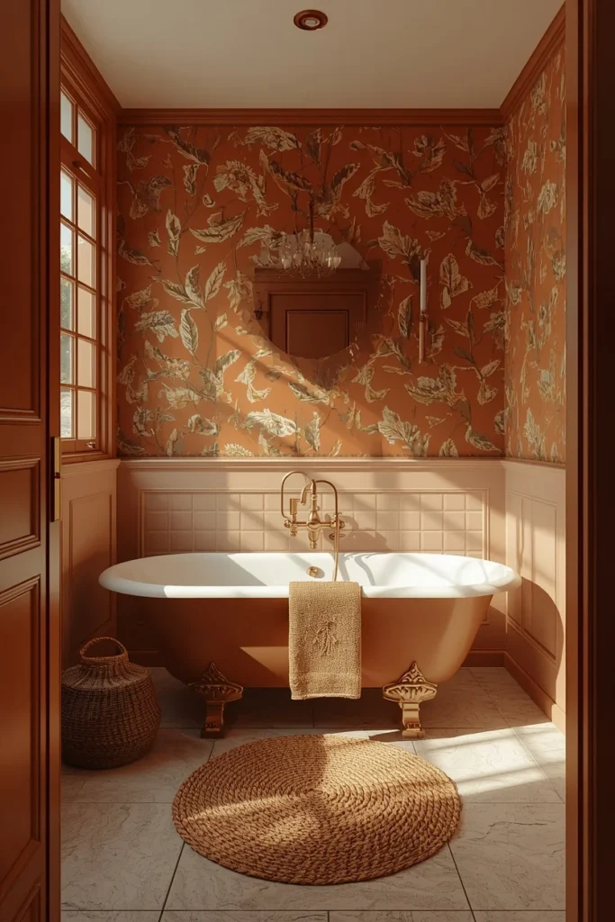 22 Bold Bathroom Wallpaper Ideas That Make Every Guest Say Wow 9 bathroom, featuring terracotta botanical leaf wallpaper,
