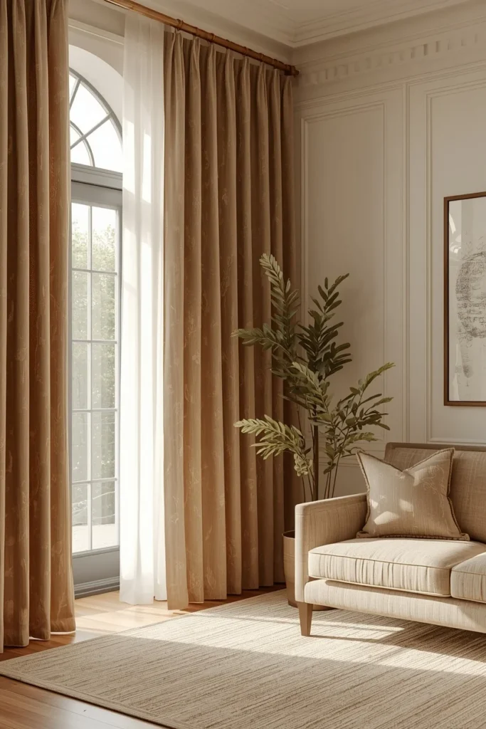 24 Family Room Ideas That Are Stylish Enough for Adults, Fun for Kids 9 family room, featuring floor-to-ceiling linen drapes in a warm mocha tone