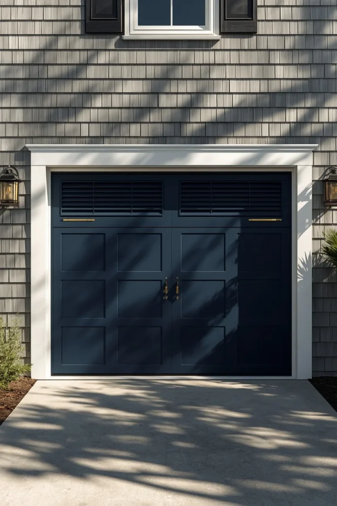 17 Garage Door Designs That Completely Transform Your Home's First Impression 9 coastal shingle-style home exterior, featuring a deep navy blue garage door