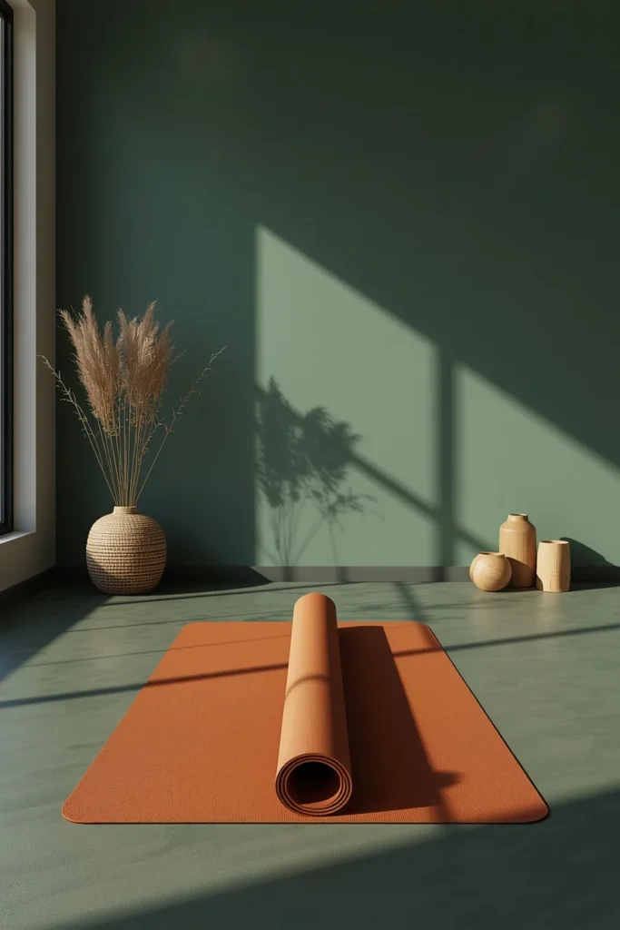 18 Home Gym Ideas That Make Working Out at Home Feel Seriously Motivating 9 home gym, featuring a deep sage green accent wall