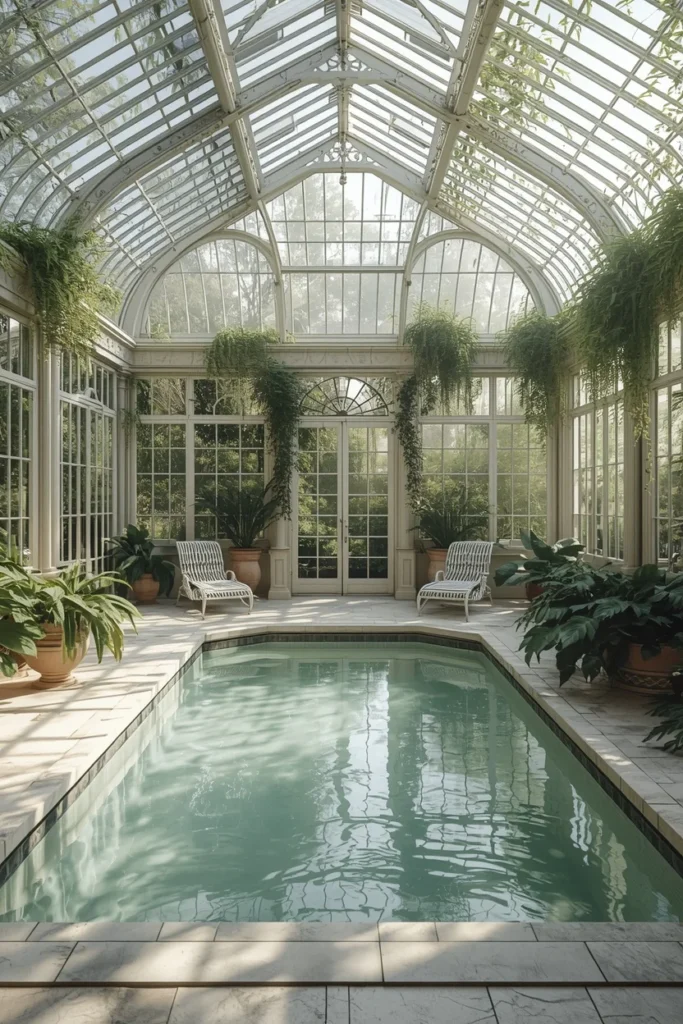 23 Modern Indoor Pool Designs That Are Pure Luxury Right Inside Your Home 9 Victorian conservatory indoor pool, ornate white painted iron frame