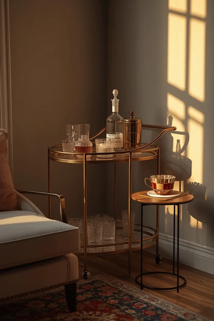 25 She Shed Interior Ideas That Create the Ultimate Personal Retreat 9 she shed lounge corner, featuring a vintage brass bar cart