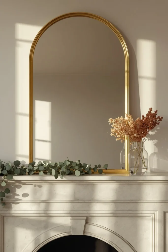 20 Summer Mantel Ideas That Bring Breezy Seasonal Charm Into Your Home 9 fireplace mantel, featuring a large gold-framed mirror