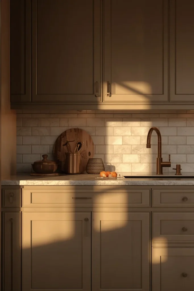23 Two-Tone Kitchen Cabinet Combos That Look Insanely Expensive 9 kitchen, featuring mushroom taupe upper cabinets and white oak lower cabinets,