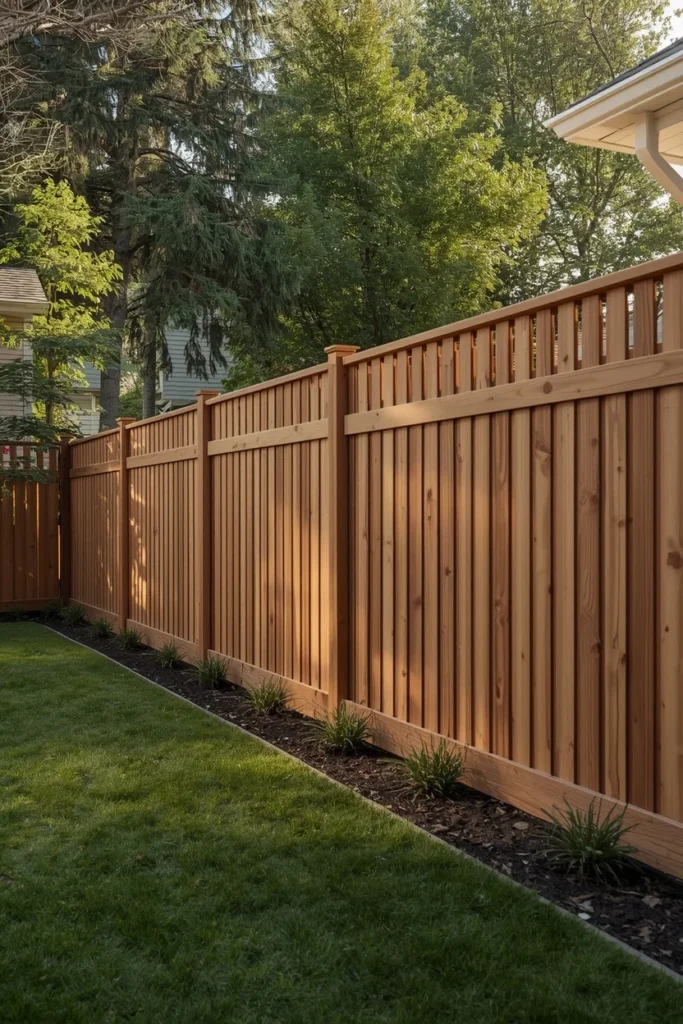 17 Wood Privacy Fence Ideas That Are Beautiful, Functional & Totally Chic 9 traditional backyard exterior, featuring a stained cedar dog-eared picket privacy fence