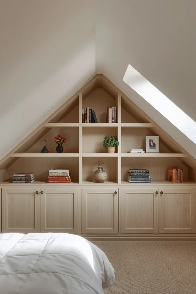 19 Attic Bedroom Ideas That Turn Forgotten Space Into a Dreamy Hideaway 10 attic bedroom shot, featuring custom built-in shelving