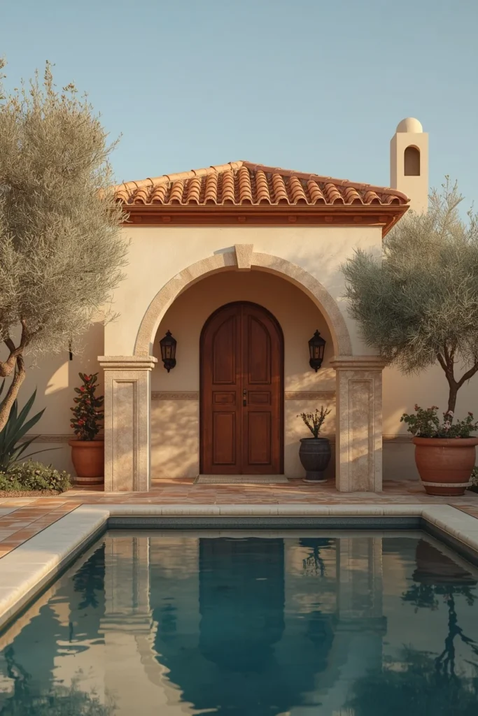 17 Backyard Pool House Ideas That Are Stylish, Functional & Totally Dreamy 10 Mediterranean stone pool cabana, featuring stucco walls