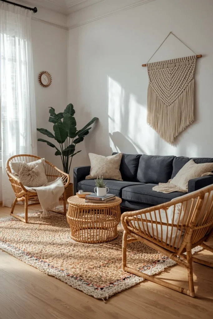 23 Black Sofa Living Room Ideas That Look Sleek, Bold & Super Expensive 10 living room, featuring a black sofa paired with rattan accent chairs,