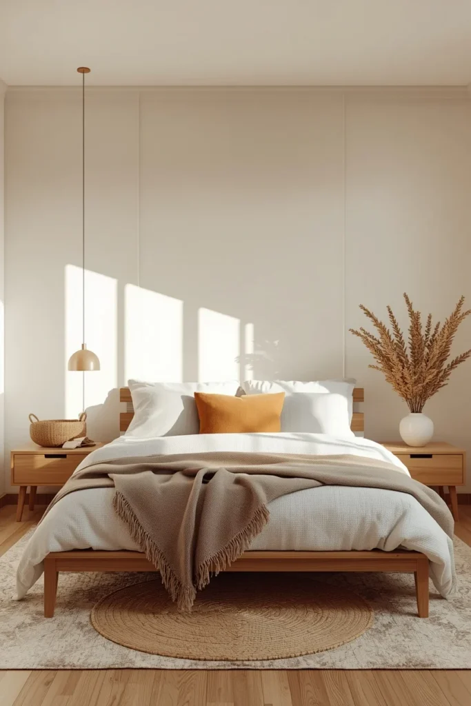 25 Boho Farmhouse Bedroom Ideas That Are Effortlessly Cozy & Beautiful 10 bedroom wide shot, featuring a soft cream shiplap accent wall