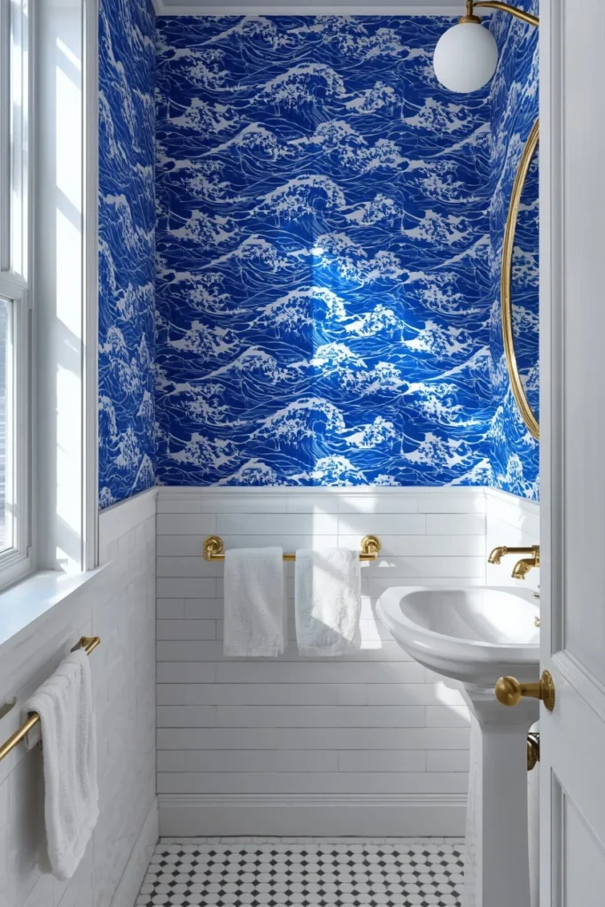 22 Bold Bathroom Wallpaper Ideas That Make Every Guest Say Wow 10 bathroom, featuring bold cobalt blue wave-pattern wallpaper,