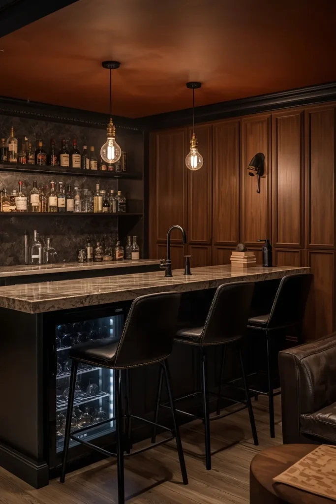 18 Cozy Basement Ideas That Transform Dead Space Into a Family Favorite Room 10 Basement Bar and Lounge