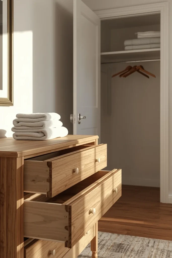 17 Guest Bedroom Ideas That Will Make Every Visitor Never Want to Leave 10 guest bedroom dresser, featuring an open drawer