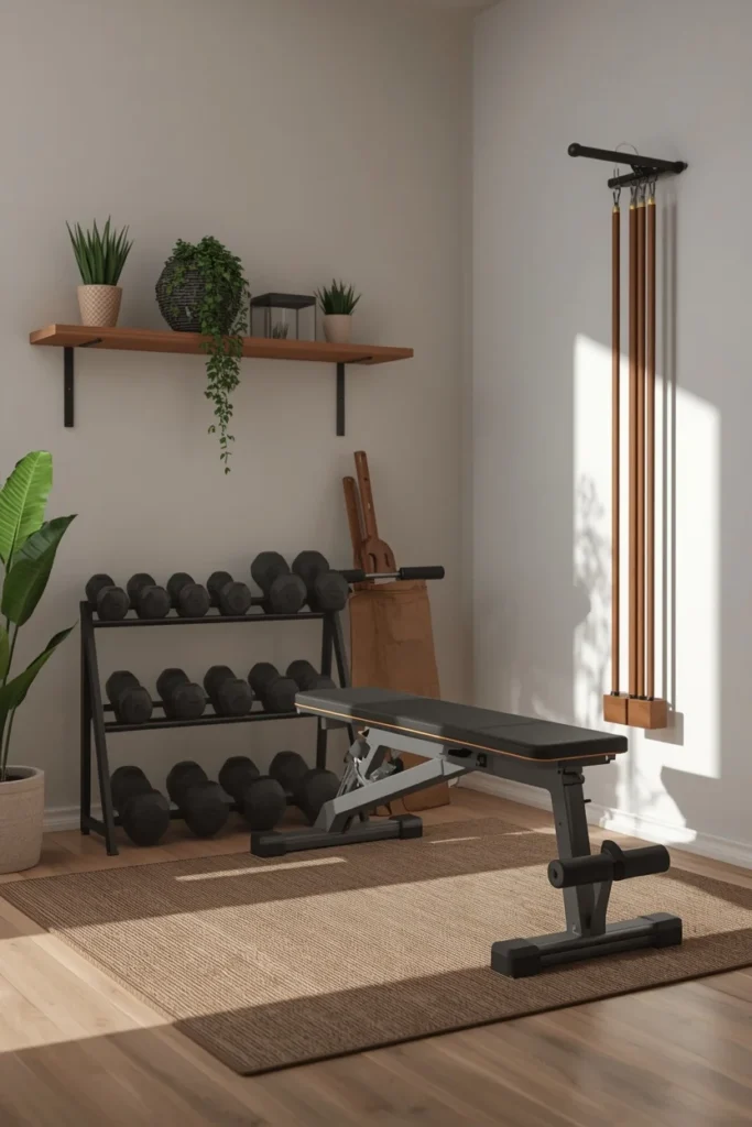 18 Home Gym Ideas That Make Working Out at Home Feel Seriously Motivating 10 home gym, featuring a curated equipment setup with adjustable dumbbells