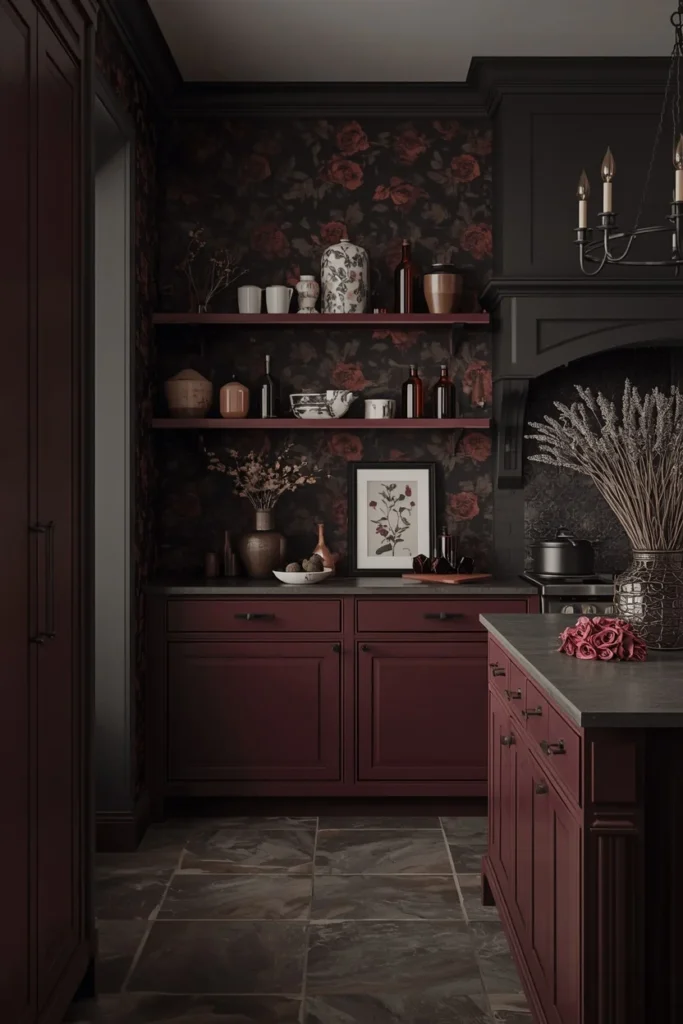 19 Kitchen Aesthetic Ideas So Good You'll Want to Renovate Tomorrow 10 dark cottagecore kitchen aesthetic, deep plum-black slightly distressed cabinetry