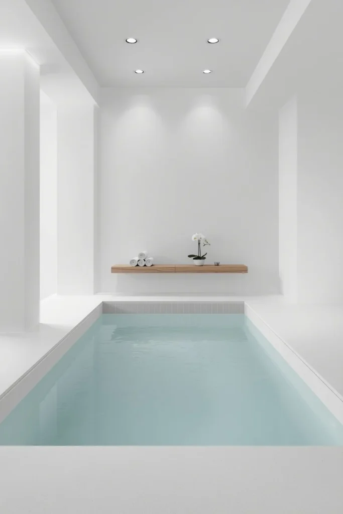 23 Modern Indoor Pool Designs That Are Pure Luxury Right Inside Your Home 10 minimalist luxury indoor pool, all-white interior, rectangular pool